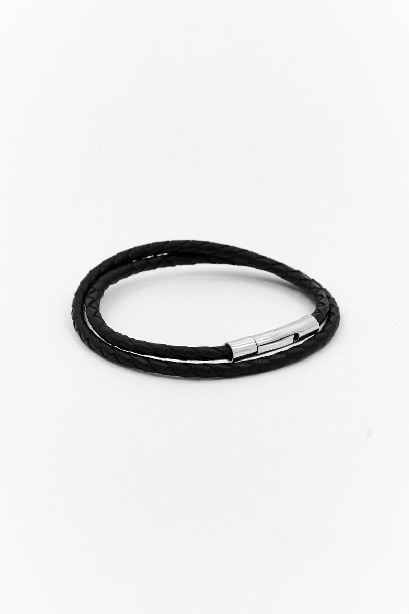 Steeltime Men Black Leather Braided Wrap Bracelet, Black - Image 2